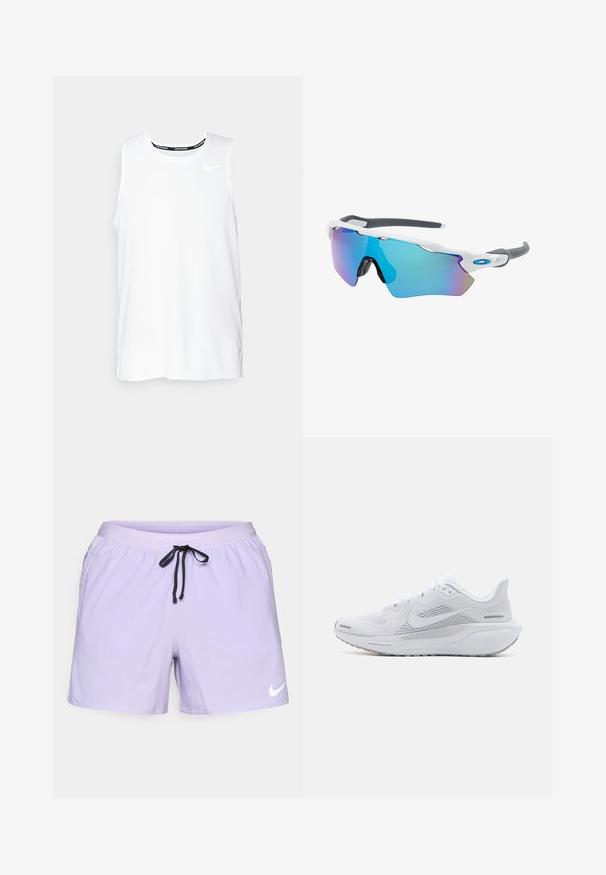 Fehér ujjatlan Nike futó felső kerek nyakkivágással, sima textúrával és fekete Nike logóval a bal felső mellkason.; Fénylila Nike futóshort, fekete húzózsinórral, elasztikus derékpánttal és két oldalsó zsebbel. Fehér Nike logó az alsó jobb oldalon.; Fehér sportcipő, hálós felsőrésszel, sima textúrájú díszítőelemekkel, szürke akcentusokkal, fűzőkkel, és párnázott talppal, amely a teljesítmény érdekében készült.; Fehér keretű napszemüveg, szürke díszítéssel és kék tükörlencsékkel. Sportos dizájn, körbeölelő forma és állítható orrtámasz.