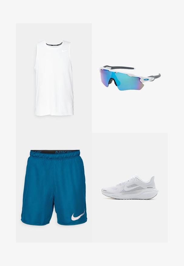 White sleeveless Nike running top with a round neckline, smooth texture, and black Nike logo on the upper left chest.; Blue Nike athletic shorts with elastic waistband and white swoosh logo on left leg against plain background.; White athletic shoe with a mesh upper, smooth textured overlays, grey accents, laces, and a cushioned sole designed for performance.; Sunglasses with a white frame, gray accents, and blue mirrored lenses. Sporty design, wraparound shape, and adjustable nose pads.