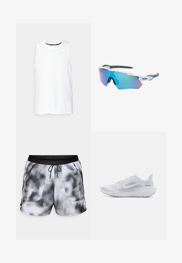 Valge ilma varrukateta Nike jooksmise topp ümmarguse kaelusega, siledast materjalist, ning must Nike logo vasakul rinnal.; Meeste sportlikud lühikesed püksid must-valges seotud värvimise mustris. Valmistatud kergest ja hingavast kangast, kahe lukuga taskuga ja nööri vahemiku reguleerimisega.; Valge sportlik king, millel on võrgust pealne osa, sujuva tekstuuriga kattekiht, hallid aktsendid, sidemed ja pehmendatud tald, mis on mõeldud sooritusvõime jaoks.; Valged raamidega päikeseprillid, hallide aktsentidega ja siniste peegelprillidega. Sportlik disain, ümber keha kujundus ja reguleeritavad ninasillad.