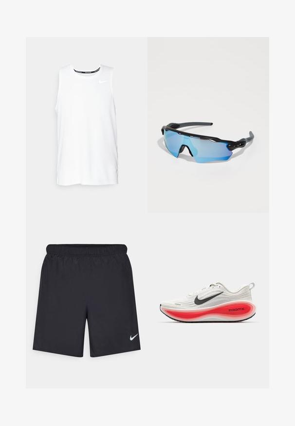 Fehér ujjatlan Nike futó felső kerek nyakkivágással, sima textúrával és fekete Nike logóval a bal felső mellkason.; Fekete sportnadrág könnyű anyagból, rugalmas derékkal. A bal alsó oldalon egy kis fehér Nike-logó található.; Nike futócipő fehér kötött felsőrésszel, fekete swoosh logóval, és vastag piros-fehér párnázott talppal, amelyen a "ZOOMX" felirat található. Fekete tapadós talp.; Sport napszemüveg fekete kerettel, nagy kéklencsékkel és strapabíró kialakítással. Fokozott, körbeölelő védelmet biztosít.