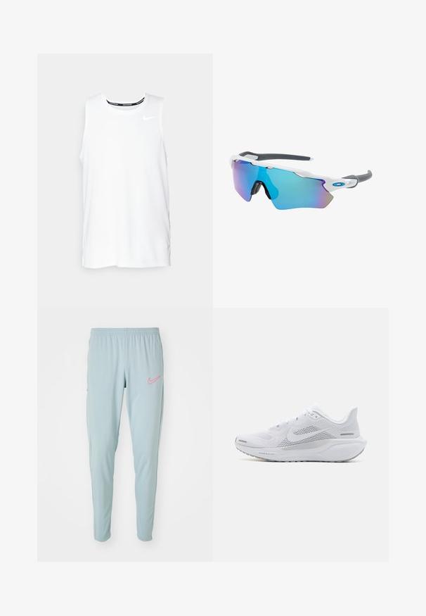Balta be rankovių Nike bėgimo marškinėliai su apvaliu kaklu, lygiu paviršiumi ir juodu Nike logotipu viršutinėje kairėje krūtinės pusėje.; Šviesiai mėlyni Nike sportiniai kelnes su elastinga juosta, siauru siluetu ir rožinėmis logotipo detalėmis. Lygus paviršius ir šoninės kišenės.; Balti sportiniai batai su orui pralaidžia viršutine dalimi, lygaus tekstūros apdaila, pilkais akcentais, raišteliais ir paminkštintu padu, skirtu našumui užtikrinti.; Akiniai nuo saulės su balta rėmeliu, pilkų akcentų ir mėlynais veidrodiniais objektyvais. Sportiškas dizainas, aplink galvą prilipusios formos ir reguliuojamos nosies pagalvėlės.