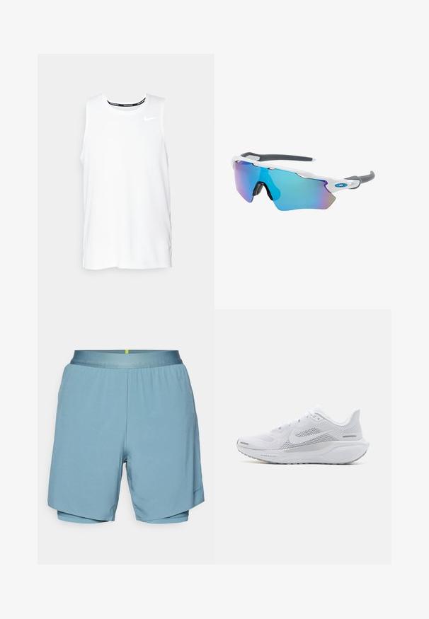 White sleeveless Nike running top with a round neckline, smooth texture, and black Nike logo on the upper left chest.; Light blue athletic shorts made from smooth fabric, featuring a flat waistband and built-in inner shorts, with contrasting yellow detail.; White athletic shoe with a mesh upper, smooth textured overlays, grey accents, laces, and a cushioned sole designed for performance.; Sunglasses with a white frame, gray accents, and blue mirrored lenses. Sporty design, wraparound shape, and adjustable nose pads.