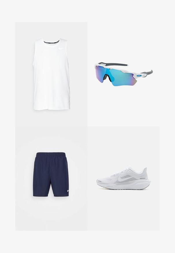 Λευκή αμάνικη μπλούζα τρεξίματος Nike με στρογγυλή λαιμόκοψη, λεία υφή και μαύρο λογότυπο Nike στο επάνω αριστερό μέρος του στήθους.; Nike Performance CHALLENGER SHORT - Αθλητικό σορτς - obsidian/obsidian/black/(reflective silv); Λευκό αθλητικό παπούτσι με άνω μέρος από δίχτυ, λεία επικαλύψεις, γκρι λεπτομέρειες, κορδόνια και με σόλα αφρώδους υλικού που έχει σχεδιαστεί για απόδοση.; Γυαλιά ηλίου με λευκό σκελετό, γκρι λεπτομέρειες και μπλε καθρέφτες φακούς. Αθλητικός σχεδιασμός, περιμετρικό σχήμα και ρυθμιζόμενα μαξιλαράκια μύτης.