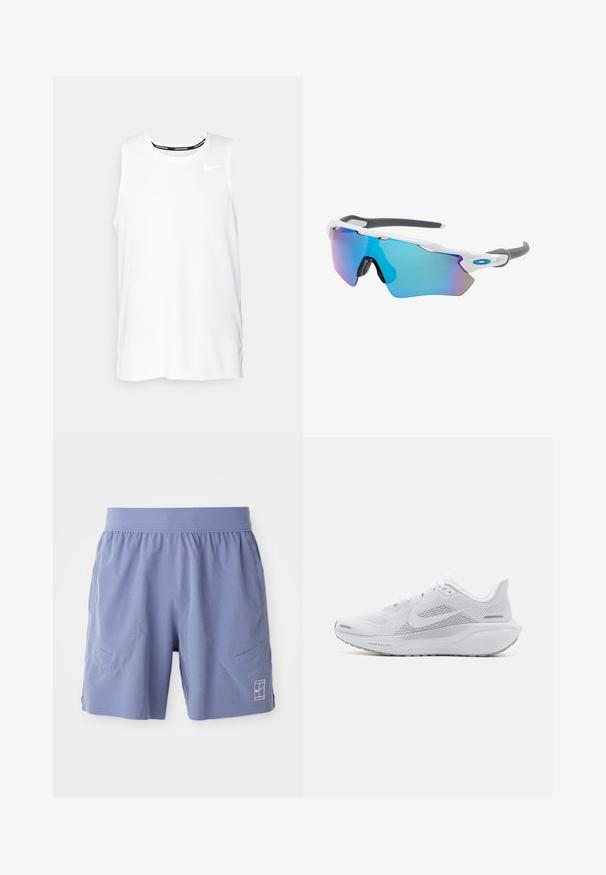 Bela brezrokavnica za tek Nike z okroglim izrezom, gladko teksturo in črnim Nike logotipom na zgornji levi strani prsnega koša.; Svijetloplave atletske kratke hlače s elastičnom pojasom, dva bočna džepa i mali bijeli logo na donjem prednjem desnom dijelu. Glatka tekstura.; Bela atletska copata z mrežasto zgornjo plastjo, gladkimi teksturiranimi dodatki, sivi poudarki, vezalkami in blaženim podplatom, zasnovana za zmogljivost.; Sončne očala z belim okvirjem, sivi detajli in modrimi zrcalnimi lečami. Športna zasnova, ovitek oblike in nastavljivi nosni blazinici.