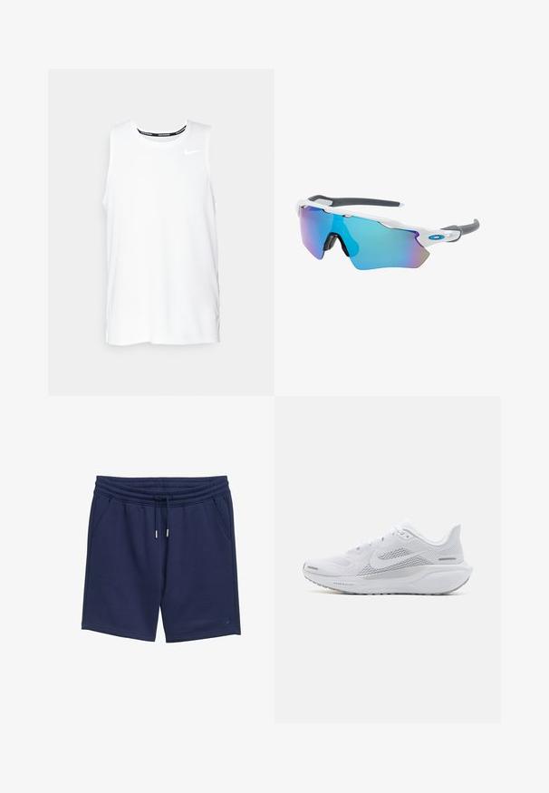 Top de alergare Nike fără mâneci, de culoare albă, cu guler rotund, textură fină și logo-ul Nike de culoare neagră pe partea stângă a pieptului.; Șorturi de culoare bleumarin, fabricate dintr-un material moale, având un elastic cu șnur la talie, buzunare laterale și un detaliu simplu cu logo.; Pantofii sport albi cu un superior din plasă, suprapărți cu textură netedă, accente gri, șireturi și o talpă căptușită, concepuți pentru performanță.; Ochelari de soare cu cadru alb, accente gri și lentile curbate albastre. Design sportiv, formă envolvitoare și pernițe de nas ajustabile.