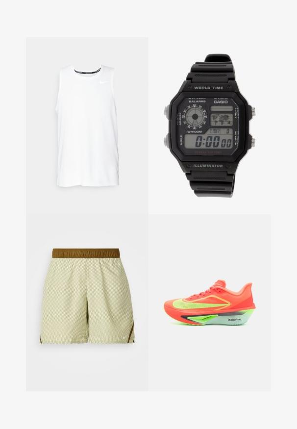 Bílý bezrukávový běžecký top Nike s kulatým výstřihem, hladkou texturou a černým logem Nike na levé horní části hrudníku.; Světlé zelené šortky s diamantovým vzorem, elastickým hnědým pasem a postranními detaily. Vyrobeny z prodyšného materiálu pro maximální pohodlí.; Běžecká obuv s jasně oranžovým svrškem, neonově zelenými akcenty, aerodynamickým designem a výraznou šedou a zelenou podrážkou, označená "ZOOMX."; Digitální hodinky s černým gumovým páskem, obdélníkovým pouzdrem a sklíčkem. Ukazují čas, světovou časovou mapu a mají tlačítka pro alarm a osvětlení.