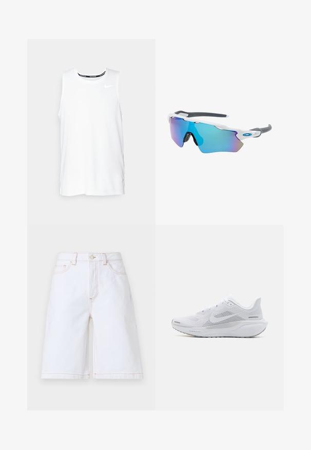 Weißes ärmelloses Nike-Lauftop mit Rundhalsausschnitt, glatter Textur und schwarzem Nike-Logo auf der oberen linken Brust.; Weiße Denim-Shorts mit geradem Schnitt, fünf Taschen und kontrastierenden hellbraunen Nähten. Beinhaltet einen vorderen Knopf- und Reißverschluss.; Weißer Sportschuh mit einem Obermaterial aus Mesh, glatten Überzügen, grauen Akzenten, Schnürsenkeln und einer gepolsterten Sohle, die für Leistung ausgelegt ist.; Sonnenbrille mit einem weißen Rahmen, grauen Akzenten und blauen Spiegellinsen. Sportliches Design, umschließende Form und verstellbare Nasenpads.