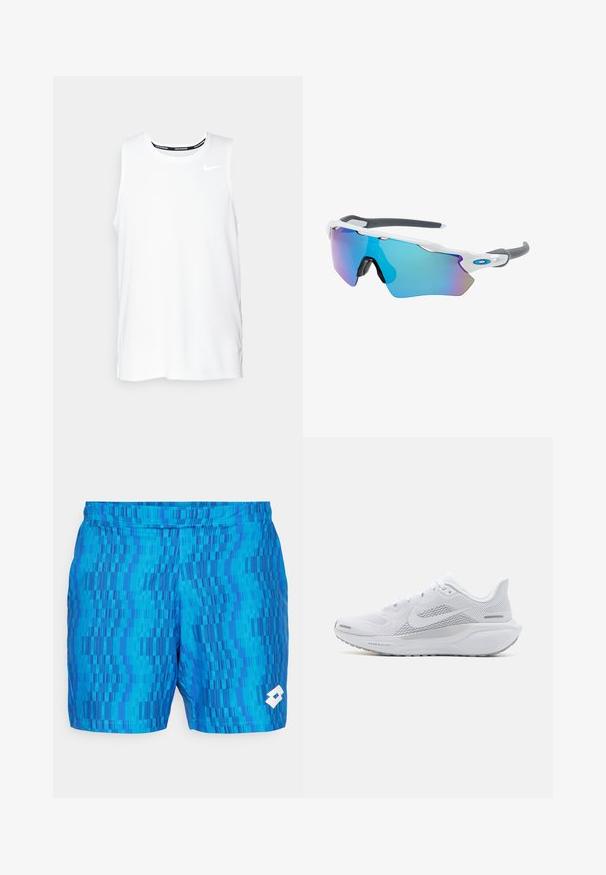 Fehér ujjatlan Nike futó felső kerek nyakkivágással, sima textúrával és fekete Nike logóval a bal felső mellkason.; Kék fürdőnadrág, amelyet függőleges vonalak változó árnyalataiból készült texturált minta díszít. Rugalmas derékpánt, a jobb alsó részen fehér logóval.; Fehér sportcipő, hálós felsőrésszel, sima textúrájú díszítőelemekkel, szürke akcentusokkal, fűzőkkel, és párnázott talppal, amely a teljesítmény érdekében készült.; Fehér keretű napszemüveg, szürke díszítéssel és kék tükörlencsékkel. Sportos dizájn, körbeölelő forma és állítható orrtámasz.