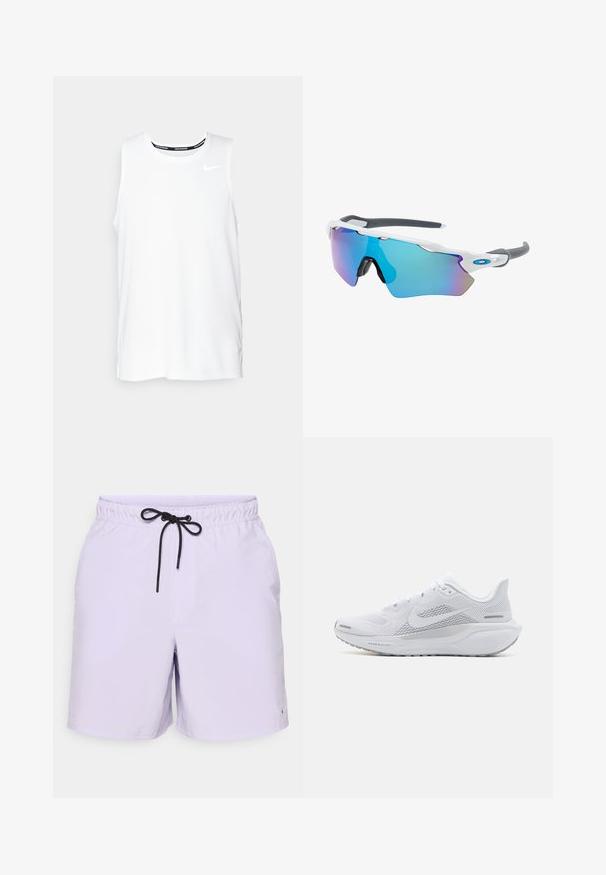 Vitt ärmlöst Nike-löparlinne med rund halsringning, slät yta och svart Nike-logotyp på övre vänstra bröstet.; Lila simbyxor med elastisk midja och svart snörning. Slät tyg med en logotypaccent i nedre vänstra hörnet.; Vit sportskor med ovandel i mesh, släta texturerade överlager, grå accenter, snören och en vadderad sula designad för prestanda.; Solglasögon med vit ram, grå detaljer och blå spegelglas. Sportig design, omslutande form och justerbara näskuddar.