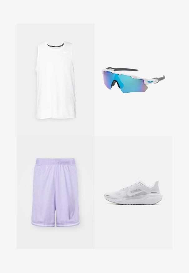 Valge ilma varrukateta Nike jooksmise topp ümmarguse kaelusega, siledast materjalist, ning must Nike logo vasakul rinnal.; Heledad lilla spordishortsid, mis on valmistatud hingavast võrkkangast, elastse vöökoha ja kontrastsete valgete triipudega allääres.; Valge sportlik king, millel on võrgust pealne osa, sujuva tekstuuriga kattekiht, hallid aktsendid, sidemed ja pehmendatud tald, mis on mõeldud sooritusvõime jaoks.; Valged raamidega päikeseprillid, hallide aktsentidega ja siniste peegelprillidega. Sportlik disain, ümber keha kujundus ja reguleeritavad ninasillad.
