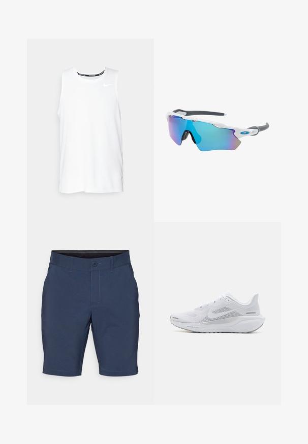 Valkoinen ilmanhiha Nike-juoksupaita, jossa on pyöreä kaula-aukko, sileä pinta ja musta Nike-logo vasemmassa ylä rinnassa.; Tummansiniset shortsit, jotka on valmistettu sileästä kankaasta, joissa on nappisuljenta, vyölenkit ja suorat lahkeet, joissa on ommellut helmavet. ; Valkoinen urheilukenkä, jossa on verkkomateriaali yläosa, sileät tekstuuriset päällysteet, harmaat yksityiskohdat, nauhat ja pehmustettu pohja, joka on suunniteltu suorituskykyä varten.; Aurinkolasit valkoisella muodolla, harmailla yksityiskohdilla ja sinisillä peilipinnoilla. Urheilullinen muotoilu, ympäröivä malli ja säädettävät nenätyynyt.