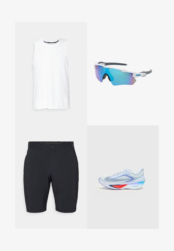 Valge ilma varrukateta Nike jooksmise topp ümmarguse kaelusega, siledast materjalist, ning must Nike logo vasakul rinnal.; Mustad lühikesed püksid, mis on valmistatud kerge kangast, sirge jala disainiga, tasasest eest, ja ühe nupuga sulgemisega koos vöörihmadega.; Hele sinine jooksujalats, millel on võrguülemus, valged nöörid, lillad aktsendid ja punane detail põhjakihis. Omab kõverat tallaosa ja „ZOOMX” brändimist.; Valged raamidega päikeseprillid, hallide aktsentidega ja siniste peegelprillidega. Sportlik disain, ümber keha kujundus ja reguleeritavad ninasillad.