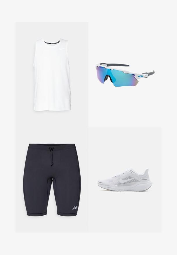 Valkoinen ilmanhiha Nike-juoksupaita, jossa on pyöreä kaula-aukko, sileä pinta ja musta Nike-logo vasemmassa ylä rinnassa.; Juoksuhousut mustana, tiiviillä muotoilulla, joustavalla vyötäröllä, kiristysnauhat läpivientinä ja heijastava logo alareunassa.; Valkoinen urheilukenkä, jossa on verkkomateriaali yläosa, sileät tekstuuriset päällysteet, harmaat yksityiskohdat, nauhat ja pehmustettu pohja, joka on suunniteltu suorituskykyä varten.; Aurinkolasit valkoisella muodolla, harmailla yksityiskohdilla ja sinisillä peilipinnoilla. Urheilullinen muotoilu, ympäröivä malli ja säädettävät nenätyynyt.