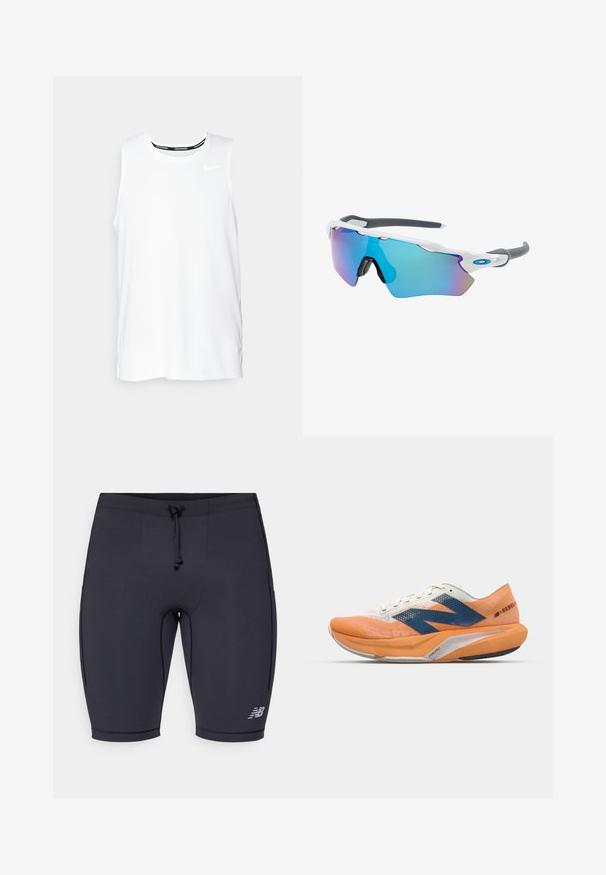 Top da corsa Nike senza maniche di colore bianco, con scollo rotondo, texture liscia e logo Nike nero sulla parte superiore sinistra del petto.; Pantaloni sportivi neri con un design aderente, vita elastica, chiusura con cordino e dettaglio logo riflettente sul lato inferiore.; Scarpa da corsa arancione e bianca con accenti blu, dotata di tomaia in rete, suola ammortizzata e design aerodinamico per le prestazioni.; Occhiali da sole con montatura bianca, dettagli grigi e lenti a specchio blu. Design sportivo, forma avvolgente e naselli regolabili.