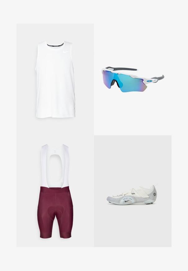 Balta be rankovių Nike bėgimo marškinėliai su apvaliu kaklu, lygiu paviršiumi ir juodu Nike logotipu viršutinėje kairėje krūtinės pusėje.; Elastinių audinių trumpi šortai, kurių maroon spalva su balta viršutine dalimi ir ryškiu chamois padu patogumui.; Balti ir sidabriniai dviratininko batai su tinklelio viršumi, tekstūruotais akcentais, reguliuojamais dirželiais ir guminėmis padangomis, užtikrinančiomis sukibimą ir stabilumą.; Akiniai nuo saulės su balta rėmeliu, pilkų akcentų ir mėlynais veidrodiniais objektyvais. Sportiškas dizainas, aplink galvą prilipusios formos ir reguliuojamos nosies pagalvėlės.