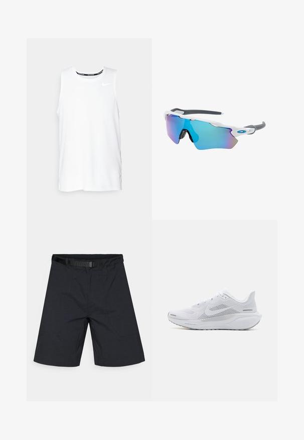 Top de alergare Nike fără mâneci, de culoare albă, cu guler rotund, textură fină și logo-ul Nike de culoare neagră pe partea stângă a pieptului.; Shorts negri dintr-un material ușor, cu față plată, buzunare laterale și o curea ajustabilă la talie.; Pantofii sport albi cu un superior din plasă, suprapărți cu textură netedă, accente gri, șireturi și o talpă căptușită, concepuți pentru performanță.; Ochelari de soare cu cadru alb, accente gri și lentile curbate albastre. Design sportiv, formă envolvitoare și pernițe de nas ajustabile.