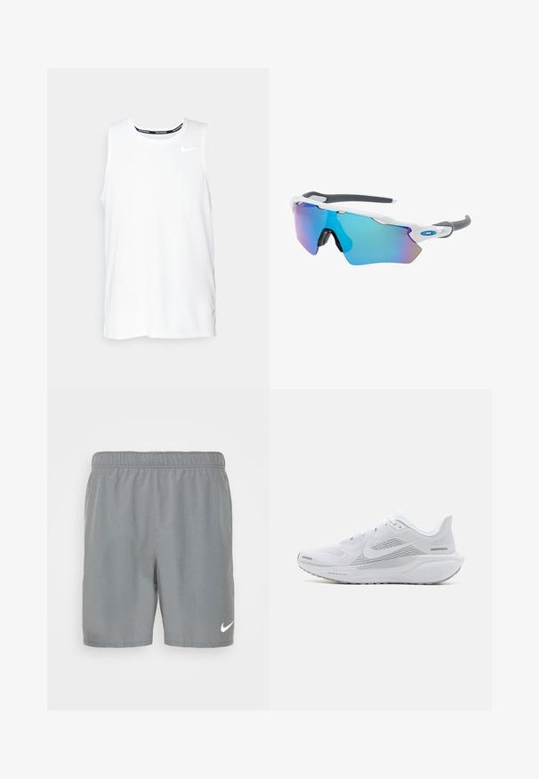 White sleeveless Nike running top with a round neckline, smooth texture, and black Nike logo on the upper left chest.; Grey athletic shorts made of smooth fabric, featuring an elastic waistband and a white Nike logo on the lower front right.; White athletic shoe with a mesh upper, smooth textured overlays, grey accents, laces, and a cushioned sole designed for performance.; Sunglasses with a white frame, gray accents, and blue mirrored lenses. Sporty design, wraparound shape, and adjustable nose pads.