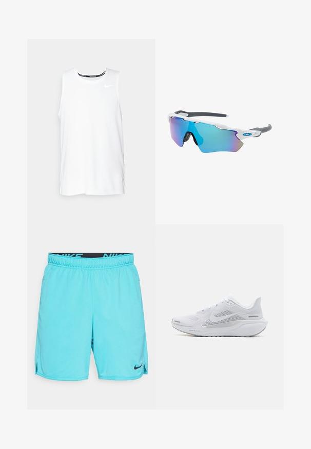 White sleeveless Nike running top with a round neckline, smooth texture, and black Nike logo on the upper left chest.; Turquoise athletic shorts, lightweight fabric, elastic waistband with black "NIKE" logo, side slits at hem for mobility, simple design.; White athletic shoe with a mesh upper, smooth textured overlays, grey accents, laces, and a cushioned sole designed for performance.; Sunglasses with a white frame, gray accents, and blue mirrored lenses. Sporty design, wraparound shape, and adjustable nose pads.