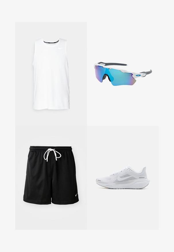 Top de alergare Nike fără mâneci, de culoare albă, cu guler rotund, textură fină și logo-ul Nike de culoare neagră pe partea stângă a pieptului.; Şorturi atletice din plasă negre, cu un șnur alb, având un mic logo alb Nike în colțul din dreapta jos.; Pantofii sport albi cu un superior din plasă, suprapărți cu textură netedă, accente gri, șireturi și o talpă căptușită, concepuți pentru performanță.; Ochelari de soare cu cadru alb, accente gri și lentile curbate albastre. Design sportiv, formă envolvitoare și pernițe de nas ajustabile.