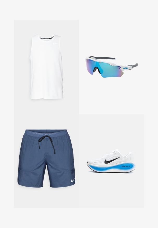 Haut de course Nike sans manches de couleur blanche avec un col rond, texture lisse et logo Nike noir sur le haut à gauche de la poitrine.; Shorts de sport bleu marine en matériau léger, avec une taille élastique munie de cordon de serrage et des poches latérales. Détail du logo sur la jambe.; Baskets blanches avec un dessus texturé, un swoosh noir de Nike et une semelle intermédiaire ZoomX bleue. Présente une pointe arrondie et une semelle à motifs.; Lunettes de soleil avec une monture blanche, des accents gris et des verres miroitants bleus. Design sportif, forme enveloppante et plaquettes de nez réglables.