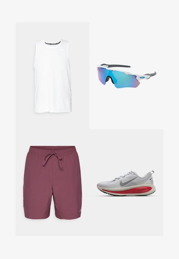 Valge ilma varrukateta Nike jooksmise topp ümmarguse kaelusega, siledast materjalist, ning must Nike logo vasakul rinnal.; Burgundi värvi ujumispüksid, valmistatud kergest kangast, elastse vöökohtaga ja nööridega. Väike logo detail allservas.; Nike jooksutossud heledas hallis võrkmaterjalis punaste aktsentidega, ümarate varvastega, paksu pehmendusega tallaga ja tekstuurse mustriga haardeks.; Valged raamidega päikeseprillid, hallide aktsentidega ja siniste peegelprillidega. Sportlik disain, ümber keha kujundus ja reguleeritavad ninasillad.