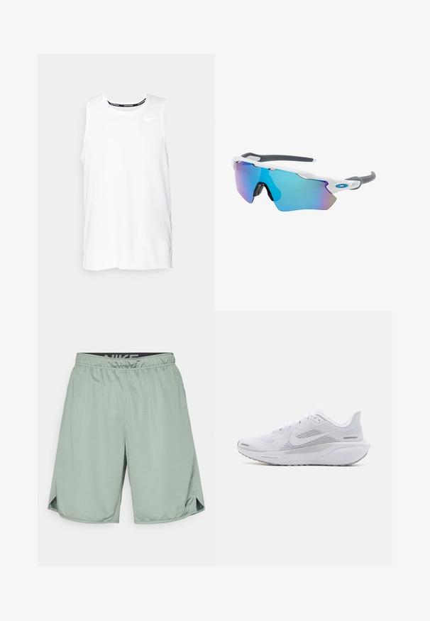 Bela brezrokavnica za tek Nike z okroglim izrezom, gladko teksturo in črnim Nike logotipom na zgornji levi strani prsnega koša.; Zelene športne kratke hlače z elastičnim pasom, ki vsebujejo črn logotip Nike. Narejene so iz lahkega materiala in imajo stranske razpoke za svobodo gibanja.; Bela atletska copata z mrežasto zgornjo plastjo, gladkimi teksturiranimi dodatki, sivi poudarki, vezalkami in blaženim podplatom, zasnovana za zmogljivost.; Sončne očala z belim okvirjem, sivi detajli in modrimi zrcalnimi lečami. Športna zasnova, ovitek oblike in nastavljivi nosni blazinici.