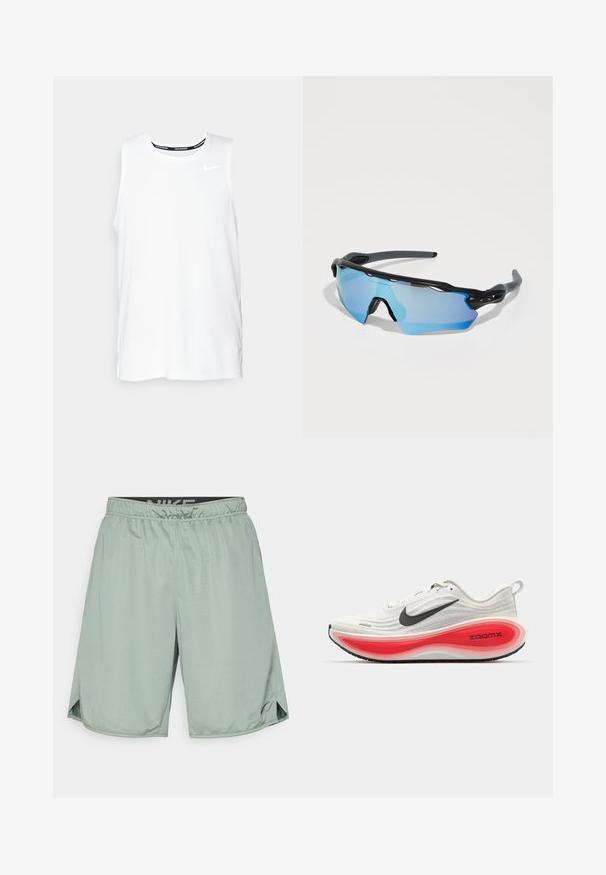 Hvit ermeløs Nike løpetopp med rund hals, glatt tekstur, og svart Nike-logo på øvre venstre bryst.; Grønne treningsshorts med elastisk midje og en svart Nike-logo. Laget av lett materiale, har de sidespalter for bedre bevegelighet.; Nike løpesko med en hvit strikket overdel, svart swoosh og en tykk rød og hvit polstret såle merket "ZOOMX." Svart gripeutsol.; Sport solbriller med svart ramme, store blåfargede linser og en robust design. De har forbedret innpakning for bedre dekning.