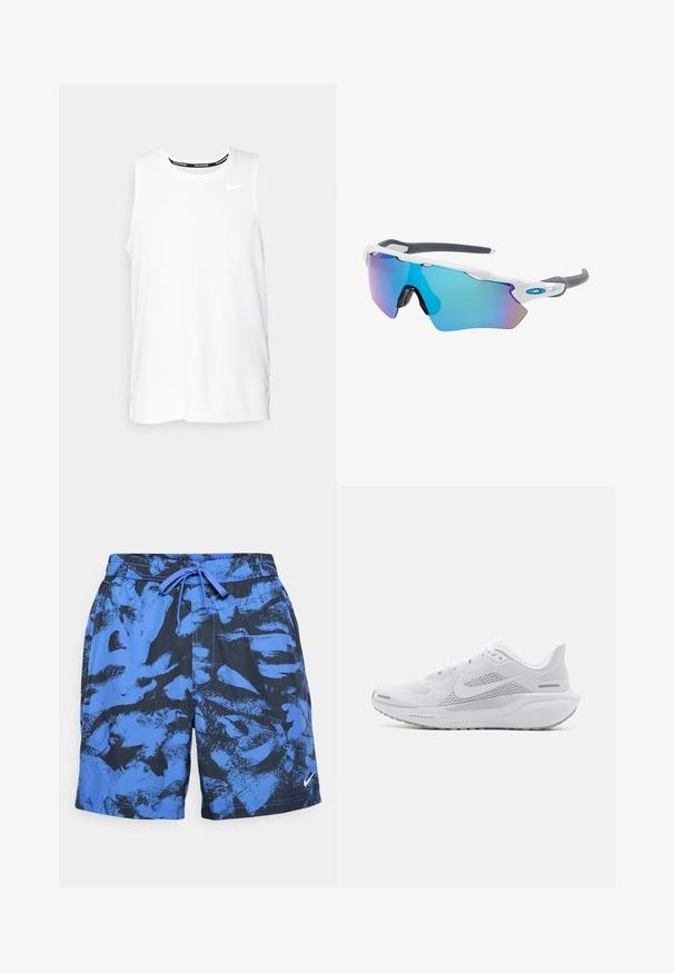 Haut de course Nike sans manches de couleur blanche avec un col rond, texture lisse et logo Nike noir sur le haut à gauche de la poitrine.; Shorts de bain bleus et noirs à motifs, avec une taille élastique et un cordon de serrage. Présente un logo Nike sur le côté inférieur droit.; Chaussure de sport blanche avec une tige en maille, des superpositions texturées lisses, des accents gris, des lacets et une semelle rembourrée conçue pour la performance.; Lunettes de soleil avec une monture blanche, des accents gris et des verres miroitants bleus. Design sportif, forme enveloppante et plaquettes de nez réglables.