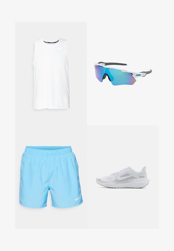 Camiseta sin mangas blanca de Nike para correr, con cuello redondo, textura suave y logo negro de Nike en la parte superior izquierda del pecho.; Pantalones cortos atléticos de color azul claro con una cinturilla elástica y bolsillos laterales; presenta un logotipo de swoosh blanco de Nike en el dobladillo.; Zapatilla deportiva blanca con parte superior de malla, sobrecapas de textura suave, acentos en gris, cordones y una suela acolchada diseñada para el rendimiento.; Gafas de sol con montura blanca, detalles grises y lentes espejados azules. Diseño deportivo, forma envolvente y almohadillas para la nariz ajustables.