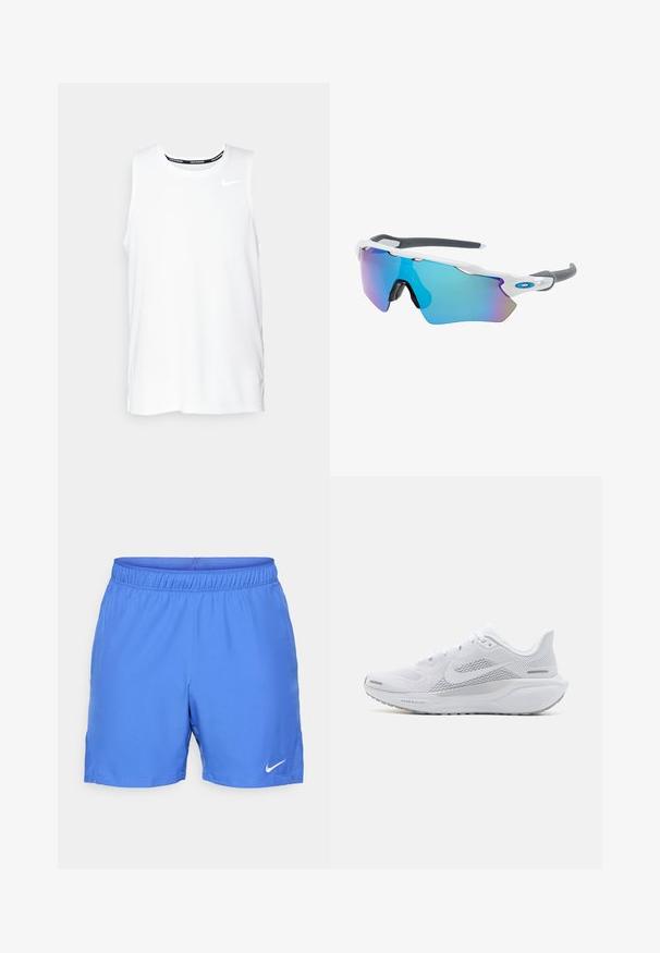 Weißes ärmelloses Nike-Lauftop mit Rundhalsausschnitt, glatter Textur und schwarzem Nike-Logo auf der oberen linken Brust.; Blaue Sportshorts aus leichtem, glattem Material. Elastischer Bund mit kleinem weißen Nike-Logo auf der unteren linken Seite.; Weißer Sportschuh mit einem Obermaterial aus Mesh, glatten Überzügen, grauen Akzenten, Schnürsenkeln und einer gepolsterten Sohle, die für Leistung ausgelegt ist.; Sonnenbrille mit einem weißen Rahmen, grauen Akzenten und blauen Spiegellinsen. Sportliches Design, umschließende Form und verstellbare Nasenpads.