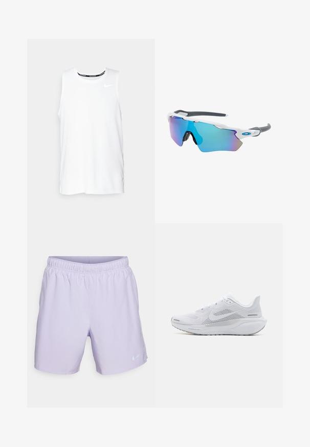 Biele bezrukávové bežecké tričko Nike s okrúhlym výstrihom, hladkým povrchom a čiernym logom Nike na hornej ľavej strane hrudníka.; Svetlofialové športové šortky s elastickým pásom, bočnými vreckami a reflexnou Nike logom v dolnej ľavej časti. Hladká, ľahká tkanina.; Biele športové topánky s sieťovaným zvrškom, hladkými textúrovanými prekrytiami, šedými akcentmi, šnúrkami a odpruženou podrážkou navrhnutou pre výkon.; Slnečné okuliare s bielym rámom, so sivými akcentmi a modrými zrkadlovými sklami. Športový dizajn, okrúhly tvar a nastaviteľné nosové podložky.