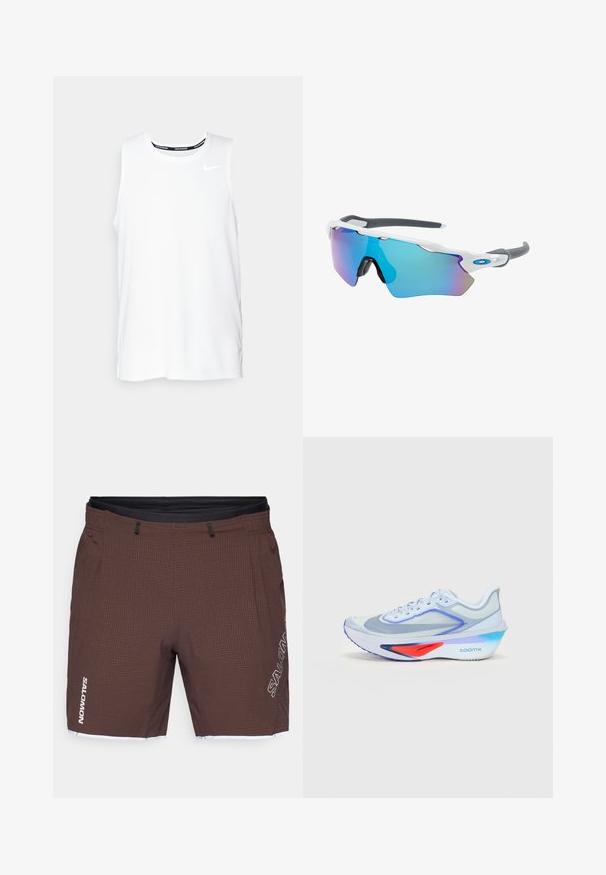 Camiseta sin mangas blanca de Nike para correr, con cuello redondo, textura suave y logo negro de Nike en la parte superior izquierda del pecho.; Pantalones cortos marrones de tejido técnico, con un patrón texturizado, cinturilla elástica y bolsillos laterales. Logotipo impreso en blanco en un lateral.; Zapatilla de correr azul claro con parte superior de malla, cordones blancos, acentos morados y un detalle rojo en la entresuela. Presenta una suela curvada y la marca "ZOOMX".; Gafas de sol con montura blanca, detalles grises y lentes espejados azules. Diseño deportivo, forma envolvente y almohadillas para la nariz ajustables.