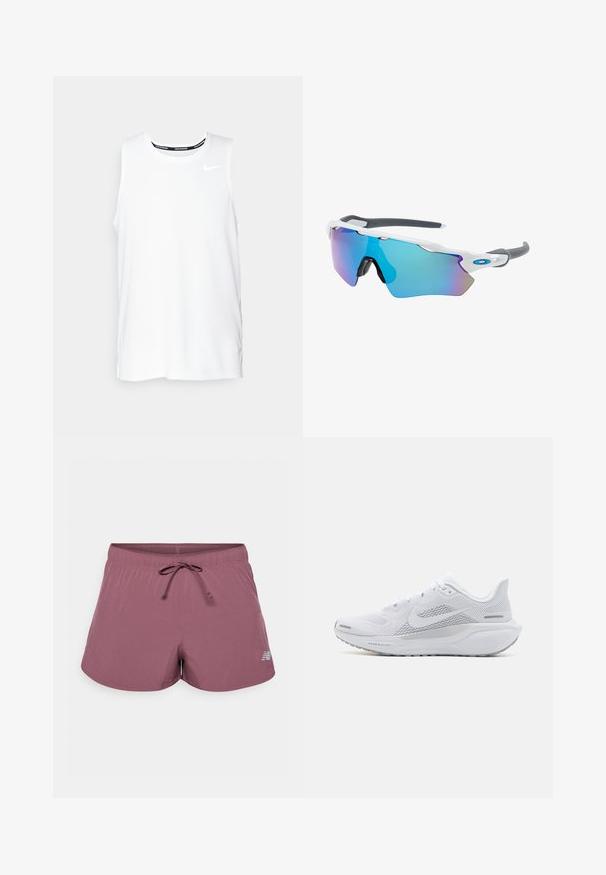 Valge ilma varrukateta Nike jooksmise topp ümmarguse kaelusega, siledast materjalist, ning must Nike logo vasakul rinnal.; Lilla sportlikud lühikesed püksid, millel on perforatsiooni muster, elastne vöökoht, pael ja väike reflektiivne logo vasakul äärel.; Valge sportlik king, millel on võrgust pealne osa, sujuva tekstuuriga kattekiht, hallid aktsendid, sidemed ja pehmendatud tald, mis on mõeldud sooritusvõime jaoks.; Valged raamidega päikeseprillid, hallide aktsentidega ja siniste peegelprillidega. Sportlik disain, ümber keha kujundus ja reguleeritavad ninasillad.