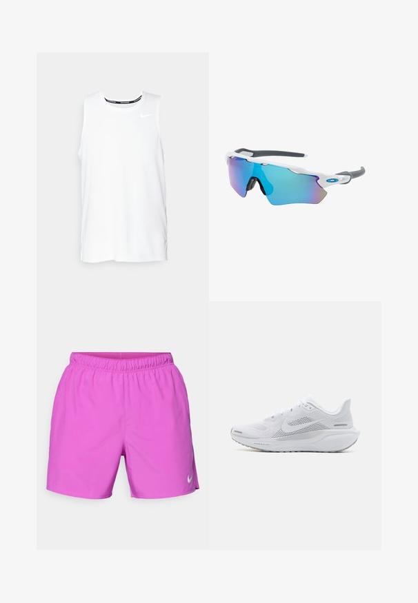 Witte mouwloze Nike hardlooptop met een ronde hals, een gladde textuur en een zwart Nike-logo op de bovenste linkerborst.; Roze sportshorts met een elastische tailleband, een soepele textuur en een klein wit Nike-logo aan de onderzijde.; Witte sportieve schoen met een mesh bovenwerk, gladde textuur overlays, grijze accenten, veters en een gevoerde zool ontworpen voor prestaties.; Zonnebril met een wit frame, grijze accenten en blauwe spiegelglazen. Sportief ontwerp, omhulde vorm en verstelbare neuspads.