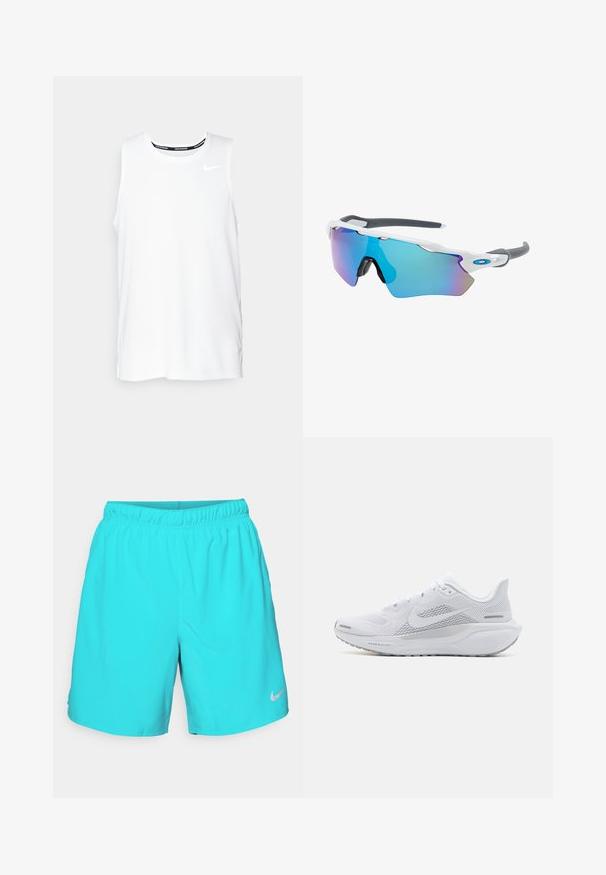 Bijela bezrukavna trkačka majica Nike s okruglim izrezom, glatkom teksturom i crnim Nike logom na gornjem lijevom dijelu prsiju.; Tirkizne Nike kratke hlače s elastičnim pojasom, glatkom teksturom i malim srebrnim logotipom na donjoj desnoj nozi.; Bijela sportska cipela s mrežastim gornjim dijelom, glatkim dekoracijama, sivim detaljima, vezicama i obloženom potplatom dizajniranom za performanse.; Naočale za sunce s bijelim okvirom, sivo-zlatnim detaljima i plavim zrcalnim lećama. Sportski dizajn, oblik koji se prilagođava obliku lica i podesive nosne jastučiće.