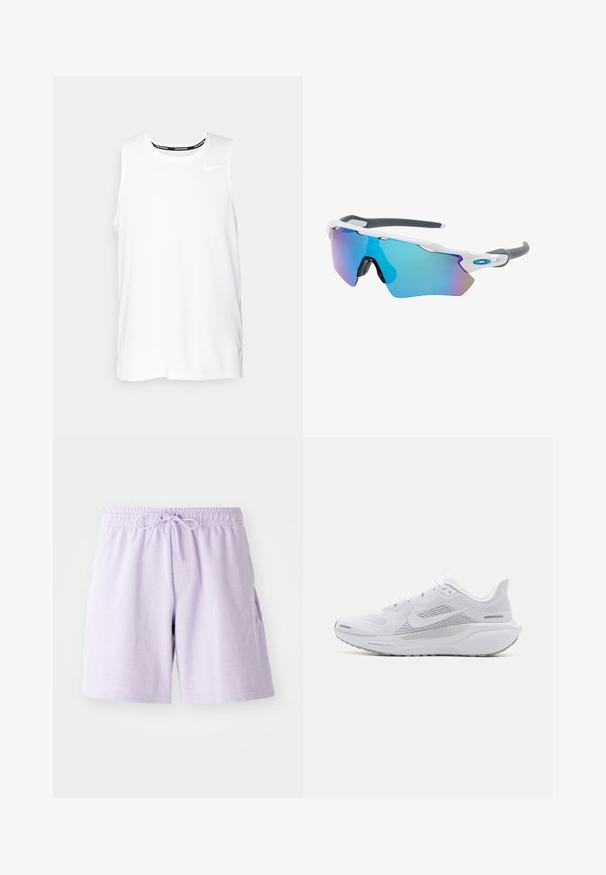 Fehér ujjatlan Nike futó felső kerek nyakkivágással, sima textúrával és fekete Nike logóval a bal felső mellkason.; Világos levendula színű pamut sort elasztikus derékkal és húzózsinórral. Oldalsó zsebekkel és sima, puha tapintással rendelkezik. Térd felett, közepes hosszúságú.; Fehér sportcipő, hálós felsőrésszel, sima textúrájú díszítőelemekkel, szürke akcentusokkal, fűzőkkel, és párnázott talppal, amely a teljesítmény érdekében készült.; Fehér keretű napszemüveg, szürke díszítéssel és kék tükörlencsékkel. Sportos dizájn, körbeölelő forma és állítható orrtámasz.