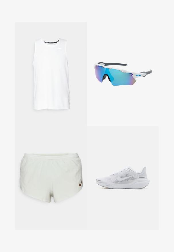 Valge ilma varrukateta Nike jooksmise topp ümmarguse kaelusega, siledast materjalist, ning must Nike logo vasakul rinnal.; Heledad rohelised lühikesed püksid hingava vöökohtaga, mille vasakul küljel on pruun Nike logo. Pehme kangas ja lahti istuv disain.; Valge sportlik king, millel on võrgust pealne osa, sujuva tekstuuriga kattekiht, hallid aktsendid, sidemed ja pehmendatud tald, mis on mõeldud sooritusvõime jaoks.; Valged raamidega päikeseprillid, hallide aktsentidega ja siniste peegelprillidega. Sportlik disain, ümber keha kujundus ja reguleeritavad ninasillad.