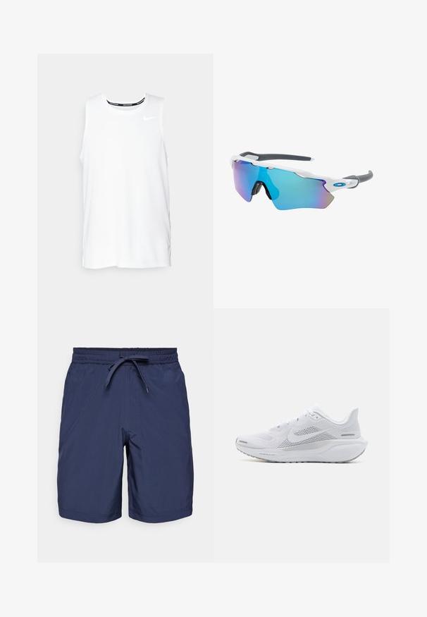 White sleeveless Nike running top with a round neckline, smooth texture, and black Nike logo on the upper left chest.; Navy swim shorts with elastic waistband, adjustable drawstring, front pockets, and a smooth, lightweight fabric texture.; White athletic shoe with a mesh upper, smooth textured overlays, grey accents, laces, and a cushioned sole designed for performance.; Sunglasses with a white frame, gray accents, and blue mirrored lenses. Sporty design, wraparound shape, and adjustable nose pads.