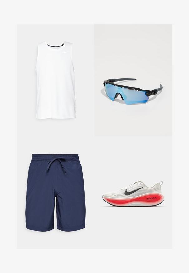 Balta be rankovių Nike bėgimo marškinėliai su apvaliu kaklu, lygiu paviršiumi ir juodu Nike logotipu viršutinėje kairėje krūtinės pusėje.; Jūrų tinklinio plaukimo šortai su elastingu juosmeniu, reguliuojama raišteliu, priekinėmis kišenėmis ir lygiu, lengvu audinio paviršiumi.; Nike bėgimo batai su balta megzta viršutine dalimi, juodu swoosh ženklu ir storesne raudona bei balta paminkštinta padais, pažymėtu "ZOOMX". Juodesnė sukibimo išorinė padais.; Sportiniai akiniai nuo saulės su juodu rėmu, dideliais mėlynai tonuotais lęšiais ir tvirtu dizainu. Jie turi patobulintą apglėbimo aprėptį.
