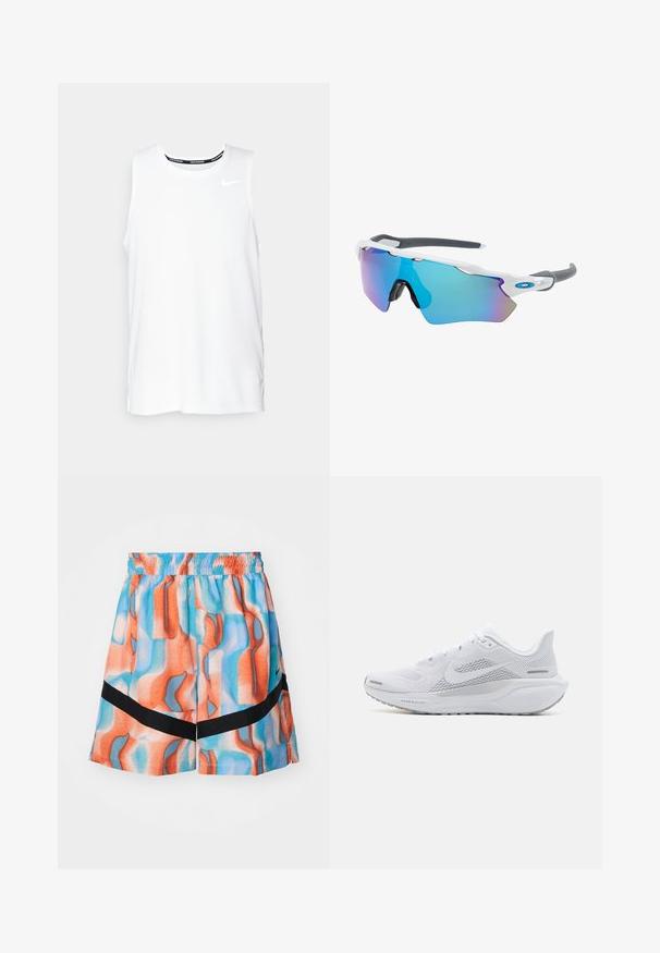 Valkoinen ilmanhiha Nike-juoksupaita, jossa on pyöreä kaula-aukko, sileä pinta ja musta Nike-logo vasemmassa ylä rinnassa.; Värikasta sortseja, joissa on aaltoileva abstrakti kuvio oranssina, sinisenä ja persikkana, joustava vyötärö ja musta korostusraita.; Valkoinen urheilukenkä, jossa on verkkomateriaali yläosa, sileät tekstuuriset päällysteet, harmaat yksityiskohdat, nauhat ja pehmustettu pohja, joka on suunniteltu suorituskykyä varten.; Aurinkolasit valkoisella muodolla, harmailla yksityiskohdilla ja sinisillä peilipinnoilla. Urheilullinen muotoilu, ympäröivä malli ja säädettävät nenätyynyt.