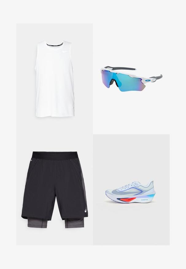 Balta be rankovių Nike bėgimo marškinėliai su apvaliu kaklu, lygiu paviršiumi ir juodu Nike logotipu viršutinėje kairėje krūtinės pusėje.; Juodi sportiniai šortai su lygia tekstūra, su plačiu elastingu liemeniu ir tamsesnio atspalvio vidiniu pamušalu. Įrengti šoninės kišenės.; Šviesiai mėlyna bėgimo batai su tinklelio viršumi, baltais raišteliais, purpuriniais akcentais ir raudonu detalumu ant tarpio. Turės išlenktą pado formą ir "ZOOMX" prekės ženklą.; Akiniai nuo saulės su balta rėmeliu, pilkų akcentų ir mėlynais veidrodiniais objektyvais. Sportiškas dizainas, aplink galvą prilipusios formos ir reguliuojamos nosies pagalvėlės.