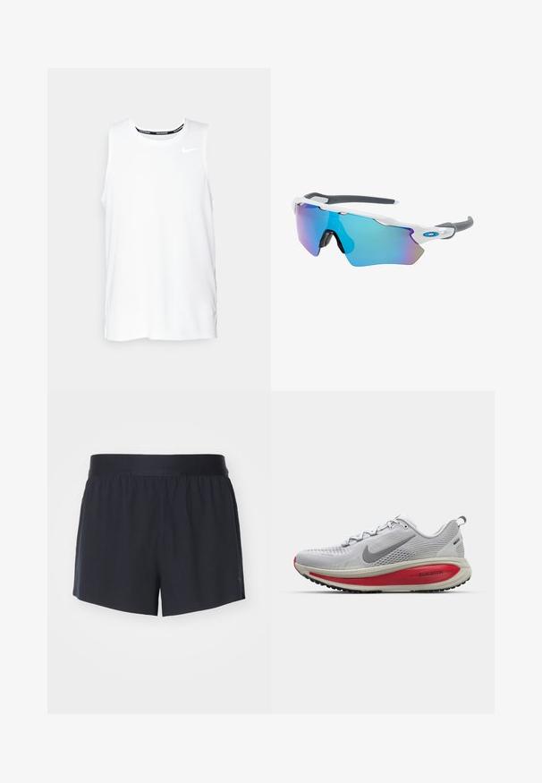 White sleeveless Nike running top with a round neckline, smooth texture, and black Nike logo on the upper left chest.; Black athletic shorts with an elastic waistband and a smooth texture. Features a tailored, straight cut. No visible patterns or accents.; Nike running shoe in light gray mesh with red accents, featuring a rounded toe, thick cushioning sole, and textured tread for grip.; Sunglasses with a white frame, gray accents, and blue mirrored lenses. Sporty design, wraparound shape, and adjustable nose pads.
