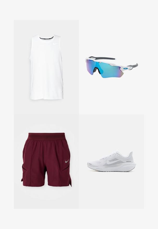 Baltā bezpiedurkņu Nike skriešanas krekla ar apaļu dekoltē, gludu tekstūru un melnu Nike logotipu kreisajā augšējā krūtī.; Burgundijas sporta šorti ar elastīgu jostasvietu, sānu šķēlumiem un atstarojošu Nike zvīņoto logotipu labajā kājā.; Baltā sporta apava ar sieta augšdaļu, gludām tekstūras aplikācijām, pelēkiem akcentiem, šņorēm un amortizētu zoli, kas izstrādāta veiktspējai.; Saulesbrilles ar baltu rāmi, pelēkiem akcentiem un ziliem spoguļobjektīviem. Sportisks dizains, apņemjoša forma un regulējami deguna spilventiņi.
