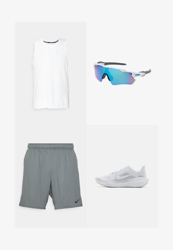 Top de alergare Nike fără mâneci, de culoare albă, cu guler rotund, textură fină și logo-ul Nike de culoare neagră pe partea stângă a pieptului.; Shorts atletici gri confecționați dintr-un material cu o textură netedă. Au un brâu elastic și buzunare laterale, cu un logo Nike negru.; Pantofii sport albi cu un superior din plasă, suprapărți cu textură netedă, accente gri, șireturi și o talpă căptușită, concepuți pentru performanță.; Ochelari de soare cu cadru alb, accente gri și lentile curbate albastre. Design sportiv, formă envolvitoare și pernițe de nas ajustabile.