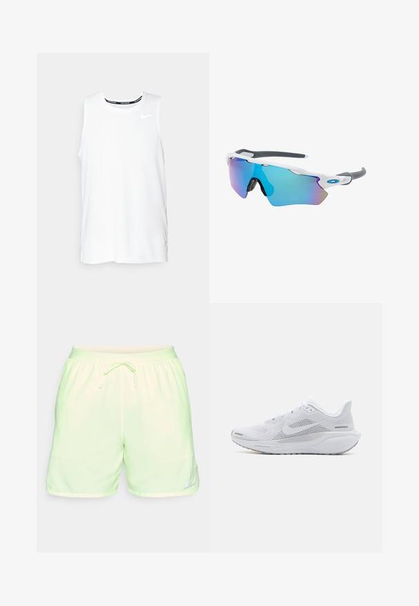 Top da corsa Nike senza maniche di colore bianco, con scollo rotondo, texture liscia e logo Nike nero sulla parte superiore sinistra del petto.; Pantaloni da corsa verde chiaro con vita elasticizzata e cordino. Presentano il logo Nike sulla parte in basso a destra della gamba e una texture liscia.; Scarpa sportiva bianca con tomaia in rete, sovrapposizioni a trama liscia, accenti grigi, lacci e una suola ammortizzata progettata per le prestazioni.; Occhiali da sole con montatura bianca, dettagli grigi e lenti a specchio blu. Design sportivo, forma avvolgente e naselli regolabili.