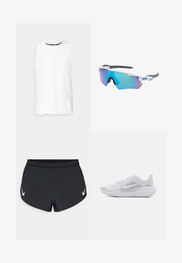 T-shirt de corrida sem mangas da Nike, de cor branca, com gola redonda, textura suave e logotipo preto da Nike na parte superior esquerda do peito.; Calções desportivos pretos feitos de um tecido leve, com uma cintura texturizada e um logo da Nike branco no lado esquerdo.; Sapatilha atlética branca com parte superior em malha, sobreposições de textura suave, detalhes em cinza, atacadores e sola acolchoada projetada para desempenho.; Óculos de sol com uma armação branca, detalhes cinzas e lentes espelhadas azuis. Design desportivo, forma envolvente e almofadas do nariz ajustáveis.