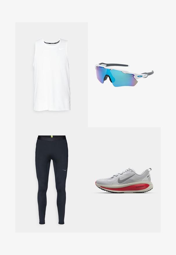 White sleeveless Nike running top with a round neckline, smooth texture, and black Nike logo on the upper left chest.; Navy athletic leggings made of stretch fabric, featuring a smooth waistband, slim fit, and reflective logo on the side.; Nike running shoe in light gray mesh with red accents, featuring a rounded toe, thick cushioning sole, and textured tread for grip.; Sunglasses with a white frame, gray accents, and blue mirrored lenses. Sporty design, wraparound shape, and adjustable nose pads.
