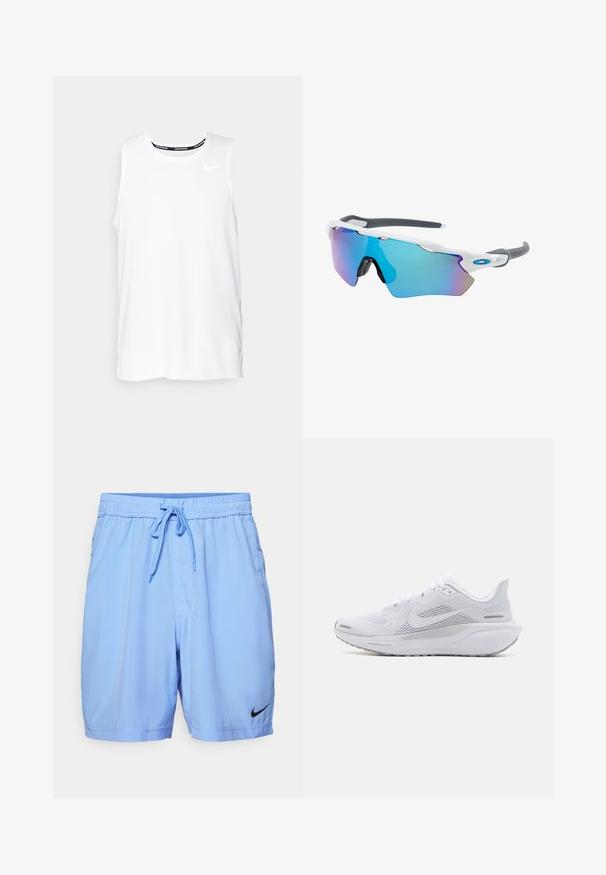 Valkoinen ilmanhiha Nike-juoksupaita, jossa on pyöreä kaula-aukko, sileä pinta ja musta Nike-logo vasemmassa ylä rinnassa.; Vaaleansiniset urheilushortsit, jotka on valmistettu sileästä kankaasta. Niissä on joustava vyötärö, jossa on nyöri, sivutaskut ja musta Nike-logo.; Valkoinen urheilukenkä, jossa on verkkomateriaali yläosa, sileät tekstuuriset päällysteet, harmaat yksityiskohdat, nauhat ja pehmustettu pohja, joka on suunniteltu suorituskykyä varten.; Aurinkolasit valkoisella muodolla, harmailla yksityiskohdilla ja sinisillä peilipinnoilla. Urheilullinen muotoilu, ympäröivä malli ja säädettävät nenätyynyt.