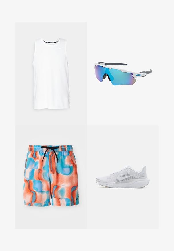 Valkoinen ilmanhiha Nike-juoksupaita, jossa on pyöreä kaula-aukko, sileä pinta ja musta Nike-logo vasemmassa ylä rinnassa.; Moniväriset uimashortsit, joissa on aalto- kuvio oranssina, sinisenä ja vaaleana persikkana. Elastinen vyötärö, jossa musta naru.; Valkoinen urheilukenkä, jossa on verkkomateriaali yläosa, sileät tekstuuriset päällysteet, harmaat yksityiskohdat, nauhat ja pehmustettu pohja, joka on suunniteltu suorituskykyä varten.; Aurinkolasit valkoisella muodolla, harmailla yksityiskohdilla ja sinisillä peilipinnoilla. Urheilullinen muotoilu, ympäröivä malli ja säädettävät nenätyynyt.