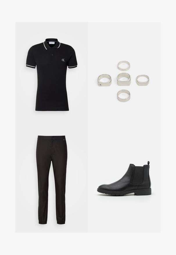 Čierne polo tričko vyrobené z bavlny, s jemným elastickým materiálom, bielym golierom a lemovaním rukávov, a malým logom na hrudi.; Čierne elastické nohavice s elastickým pásom, so zúženým strihom a manžetami na nohách. Hladká tkanina bez viditeľných vzorov alebo kovania.; Čierne kožené Chelsea čižmy s elastickými bočnými panelmi a pútkom, s okrouhlym špičkou a texturovanou gumenou podrážkou.; Súprava šiestich kovových strieborných prsteňov rôznych tvarov, vrátane okrúhlych a štvorcových, s hladkými textúrami a minimalistickým dizajnom.